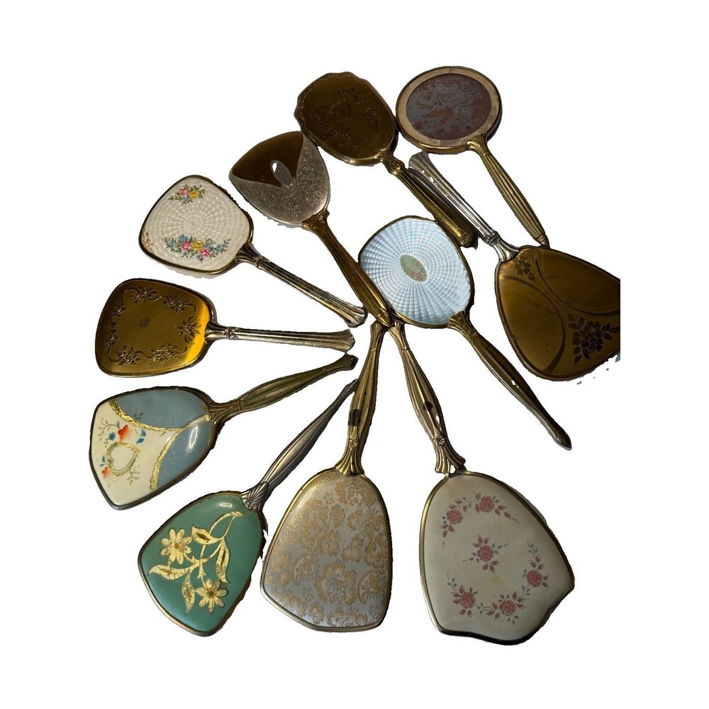Vintage Vanity Hand Mirror Lot 11 Floral Guilloche Enamel Art Deco Gold Tone **